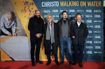 From left: Vladimir Yavachev, Christo, Andrey Paounov and Wolfgang Volz attend the 'Christo - Walking on Water' premiere at the Delphi cinema in Berlin, Germany, 2019. Getty Images