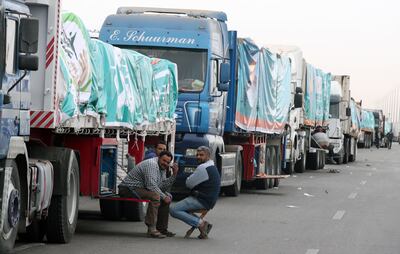 A convoy of aid lorries pictured on February 13 waits about 300km east of the Egyptian border with Gaza, on its way to the Rafah crossing. Gaza was dependent on aid even before the war but the situation has worsened since October 7. EPA