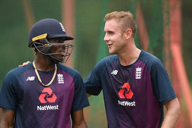 PRETORIA, SOUTH AFRICA - DECEMBER 23: England bowlers Jofra Archer (l) and Stuart Broad chat during an England nets session ahead of the First Test Match against South Africa at SuperSport Park on December 23, 2019 in Pretoria, South Africa. (Photo by Stu Forster/Getty Images)