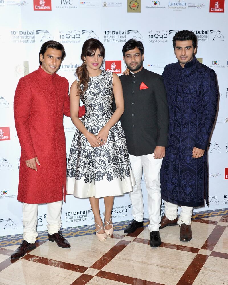 DUBAI, UNITED ARAB EMIRATES - DECEMBER 13:  Ranveer Singh, Priyanka Chopra, Ali Abbas Zafar  and Arjun Kapoor attend the "Gunday" In Conversation during day eight of the 10th Annual Dubai International Film Festival held at the Madinat Jumeriah Complex on December 13, 2013 in Dubai, United Arab Emirates.  (Photo by Gareth Cattermole/Getty Images for DIFF)