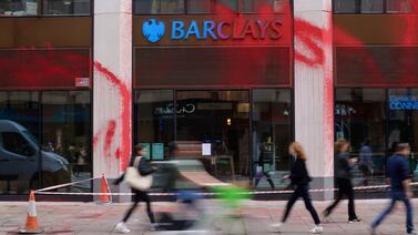 A Barclays bank branch damaged by protesters in London as part of a joint protest by Palestine Action and newly-formed climate change group called Shut The System. Bloomberg
