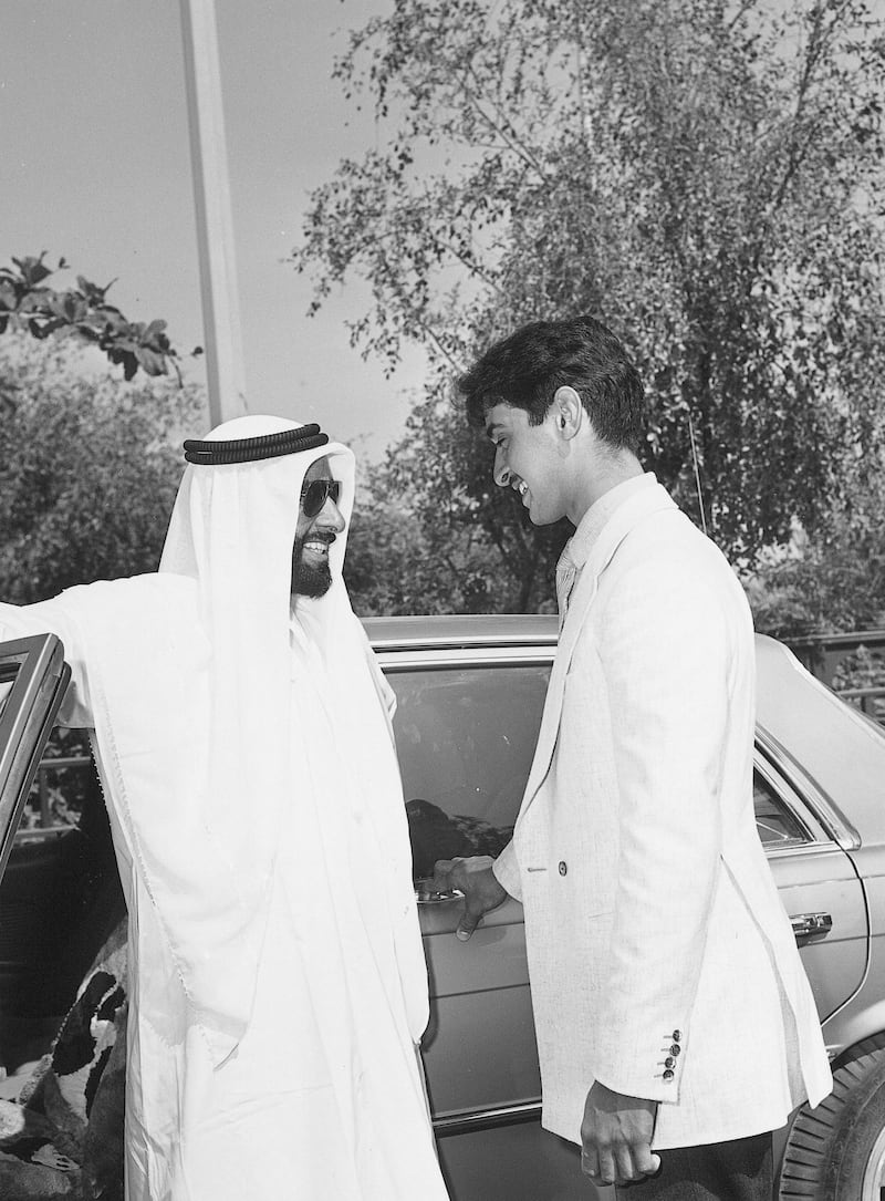 Sheikh Zayed congratulates Sheikh Mohamed after his graduation from the Royal Military College, Sandhurst, UK, after his return to Abu Dhabi on April 7, 1979. Photo: National Archives