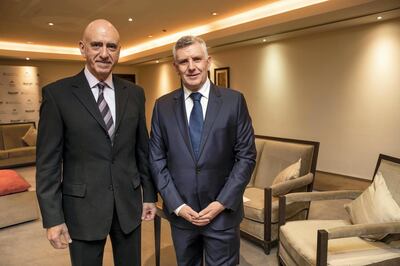 DUBAI, UNITED ARAB EMIRATES. 07 MARCH 2019. LtoR: Alex Kyriakidi, President and Managing Director, Middle East and Africa Continent, Marriott INternational and David Leman, Chief Human Resources Officer, Middle East and Africa Marriott International for a story on Emirati recruitment in hotels. (Photo: Antonie Robertson/The National) Journalist: Patrick Ryan. Section: National.