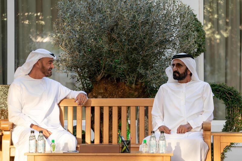 DUBAI, UNITED ARAB EMIRATES - March 15, 2020: HH Sheikh Mohamed bin Zayed Al Nahyan, Crown Prince of Abu Dhabi and Deputy Supreme Commander of the UAE Armed Forces (back L) meets with HH Sheikh Mohamed bin Rashid Al Maktoum, Vice-President, Prime Minister of the UAE, Ruler of Dubai and Minister of Defence (back R), at Al Marmoum.

( Rashed Al Mansoori / Crown Prince Court - Abu Dhabi )
---