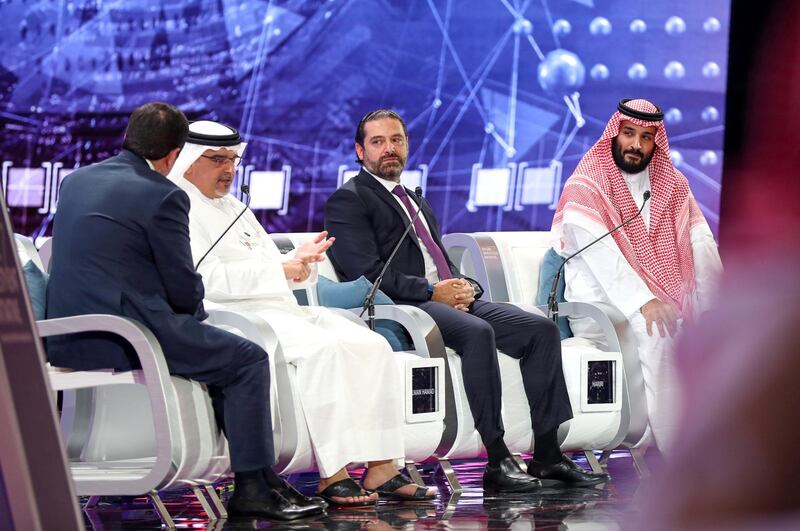 Ruler of Dubai Sheikh Mohammed bin Rashid Al Maktoum attended the special session of Saudi Crown Prince Mohammed bin Salman bin Abdulaziz Al Saud, which brought together Bahraini Crown Prince Salman bin Hamad Al Khalifa and Lebanese Prime Minister Saad Al Hariri at Saudi Arabia’s Future Investment Initiative (FII) 2018 organised in Riyadh by the Public Investment Fund (PIF). Dubai Media Office / Wam