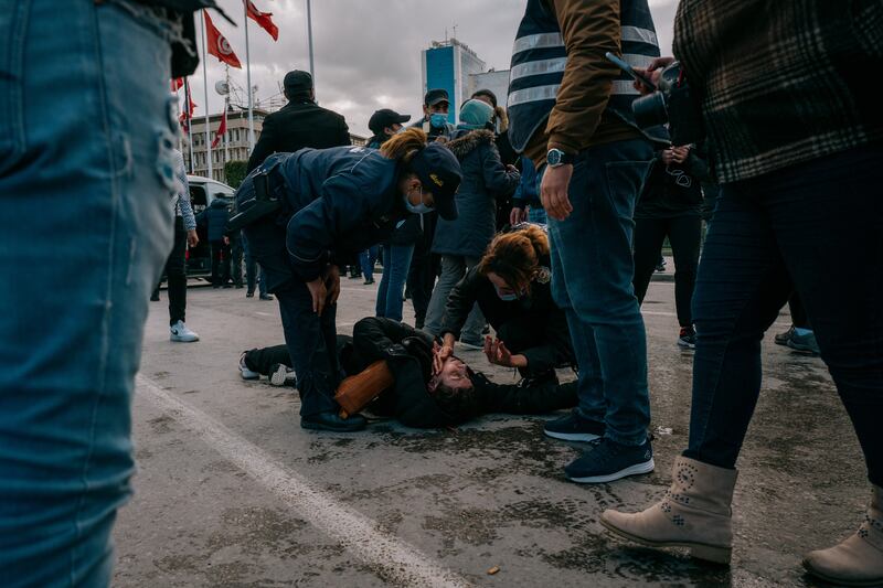 Tunisia's security forces clashed with hundreds of protesters calling for the ousting of President Kais Saied in downtown Tunis. Erin Clare Brown / The National