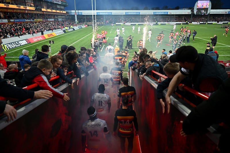 Players walk out of the tunnel ahead of the European Challenge Cup rugby match between Gloucester and Castres at Kingsholm Stadium in Gloucester, south-west England. Getty Images