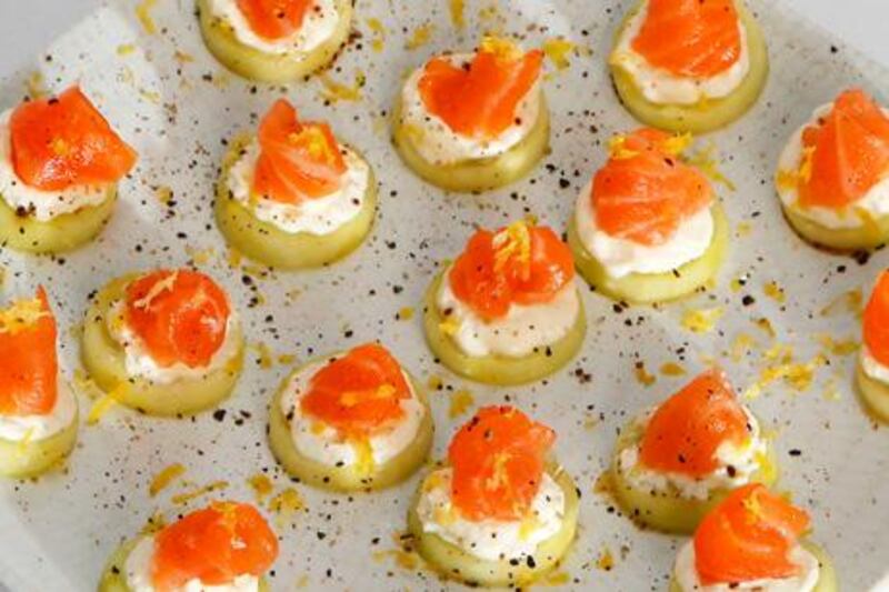 Cucumber and salmon rounds make an ideal canapé.