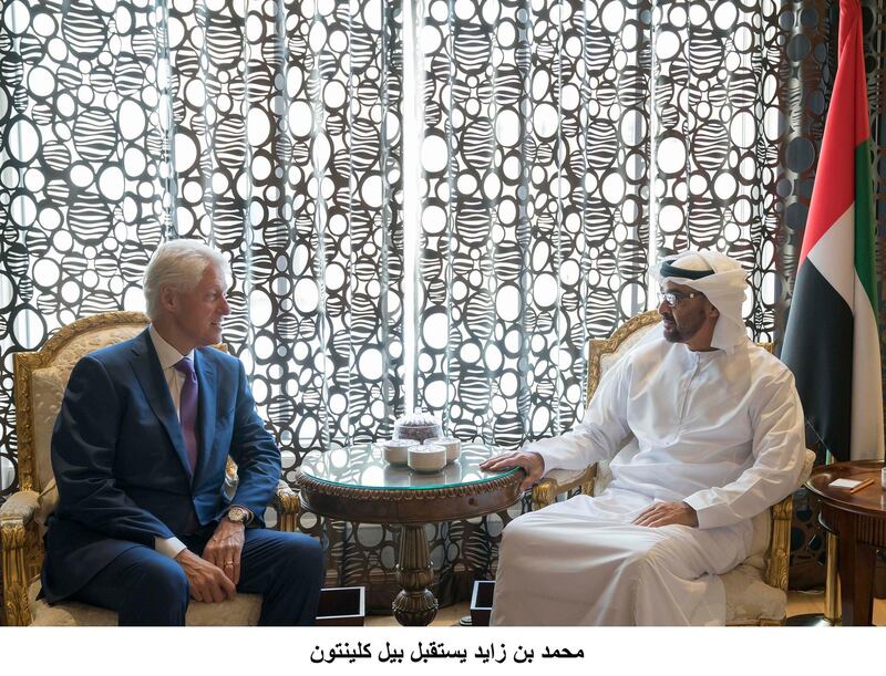 ABU DHABI, UNITED ARAB EMIRATES - February 22, 2018: HH Sheikh Mohamed bin Zayed Al Nahyan, Crown Prince of Abu Dhabi and Deputy Supreme Commander of the UAE Armed Forces (R), meets with Bill Clinton, former President of the United States of America (L), at Al Shati Palace.
( Mohamed Al Hammadi  / Crown Prince Court - Abu Dhabi )
---