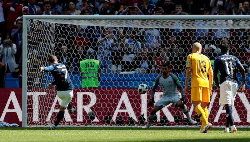 Match 5: Antoine Griezmann scores a penalty for France against Australia. Reuters