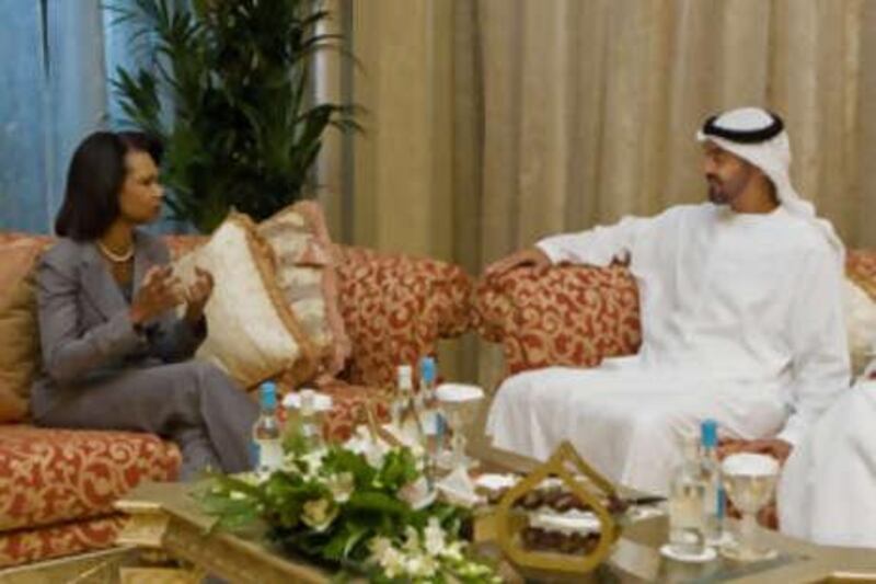 Sheikh Mohammed bin Zayed, Crown Prince of Abu Dhabi, meets with the US Secretary of State Condoleezza Rice at Emirates Palace.