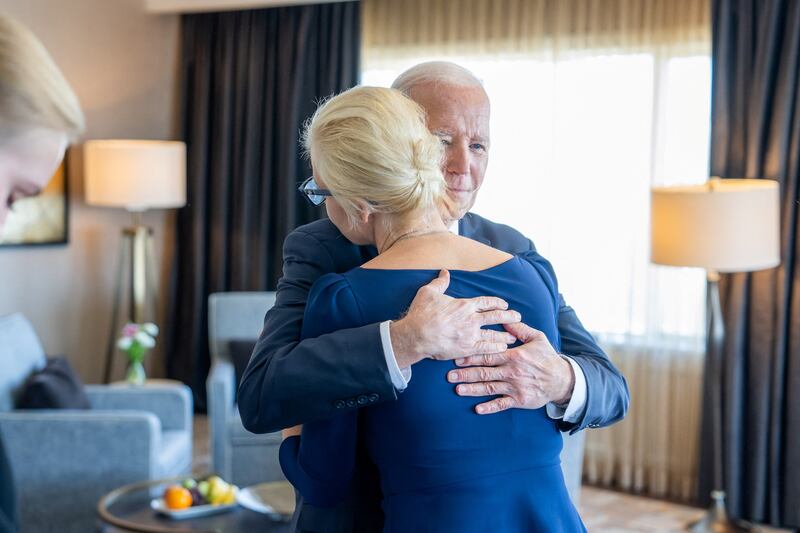 US President Joe Biden embraces Yulia Navalnaya, the wife of Alexei Navalny, the Russian opposition leader who died last week in a prison camp, in San Francisco, California. Reuters
