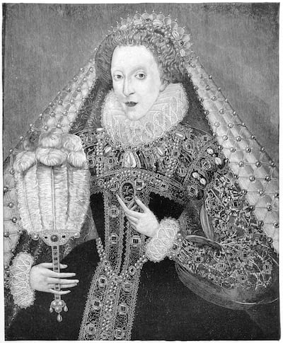 Queen Elizabeth I, c1580, (1910). A 19th-century rendition from the Penshurst portrait, presented to her by Sir Henry Sidney, painted by Zucchero. The headdress is almost indescribable by reason of the great wealth of ornament on it. She was proud of her hair, so the hat is perched high on her head. Illustration from British Costume during 19 Centuries by Mrs Charles H Ashdown, (London, 1910). (Photo by The Print Collector/Print Collector/Getty Images)
