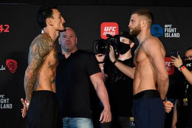 ABU DHABI, UNITED ARAB EMIRATES - JANUARY 15: (L-R) Opponents Max Holloway and Calvin Kattar face off during the UFC weigh-in at Etihad Arena on UFC Fight Island on January 15, 2021 in Abu Dhabi, United Arab Emirates. (Photo by Jeff Bottari/Zuffa LLC)