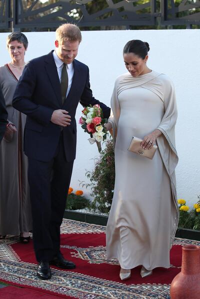 epa07393672 Britain's Prince Harry, Duke of Sussex (L) and his wife Meghan, Duchess of Sussex (R) arrive for a reception hosted by the British Ambassador to Morocco at the British Residence in Rabat, Morocco, 24 February 2019, on the second day of their tour of the country.  EPA/Yui Mok / POOL