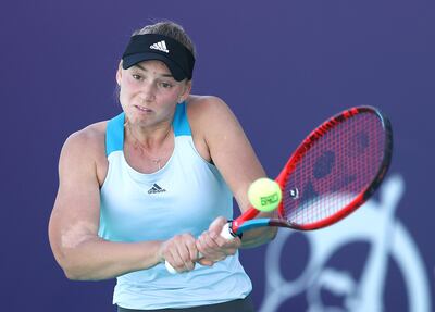 ABU DHABI, UNITED ARAB EMIRATES - JANUARY 10:  Elena Rybakina of Kazakhstan in action against Daria Kasatkina of Russia during her Women's Singles match on Day Five of the Abu Dhabi WTA Women's Tennis Open at Zayed Sports City on January 10, 2021 in Abu Dhabi, United Arab Emirates. (Photo by Francois Nel/Getty Images)
