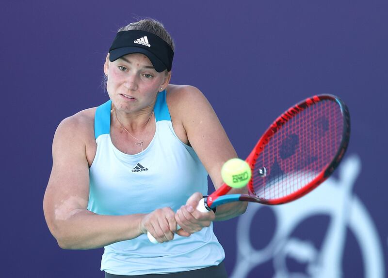 ABU DHABI, UNITED ARAB EMIRATES - JANUARY 10:  Elena Rybakina of Kazakhstan in action against Daria Kasatkina of Russia during her Women's Singles match on Day Five of the Abu Dhabi WTA Women's Tennis Open at Zayed Sports City on January 10, 2021 in Abu Dhabi, United Arab Emirates. (Photo by Francois Nel/Getty Images)