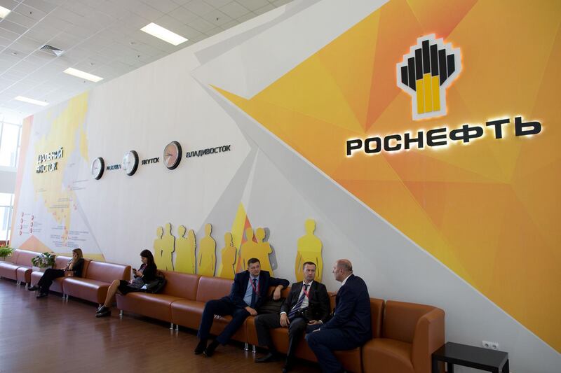 A Rosneft Oil Co. logo is displayed on a wall ahead of the Eastern Economic Forum in Vladivostok, Russia, on Monday, Sept. 10, 2018. The 4th annual Eastern Economic Forum, held in Vladivostok, will run from 11-13 September. Photographer: Andrey Rudakov/Bloomberg