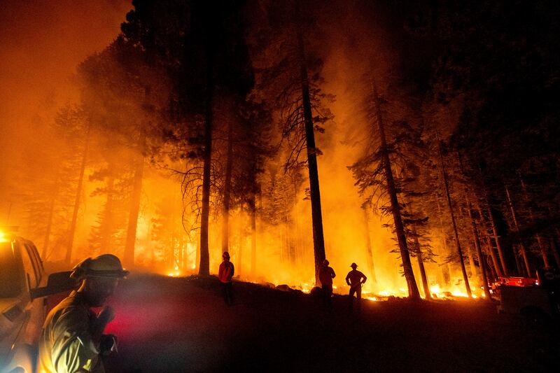 Firefighters monitor a firing operation, where crews set ground fire to stop a wildfire from spreading, while battling the Dixie Fire in Lassen National Forest, California.