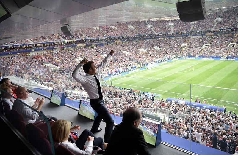 Soccer Football - World Cup - Final - France v Croatia - FIFA Fan Fest, Moscow, Russia - July 15, 2018 French President Emmanuel Macron reacts during the game. Sputnik/Alexei Nikolsky/Kremlin via REUTERS ATTENTION EDITORS - THIS IMAGE WAS PROVIDED BY A THIRD PARTY.