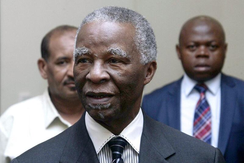 Former South African president Thabo Mbeki arrives for a meeting with Sudanese president Omar al-Bashir at the Presidential palace in Khartoum on August 3, 2015. Ebrahim Hamid / AFP Photo