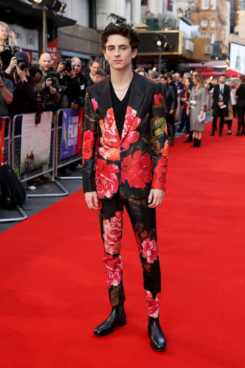In a floral print Alexander McQueen suit at the 'Beautiful Boy' premiere during the 62nd BFI London Film Festival in October 2018. Getty Images