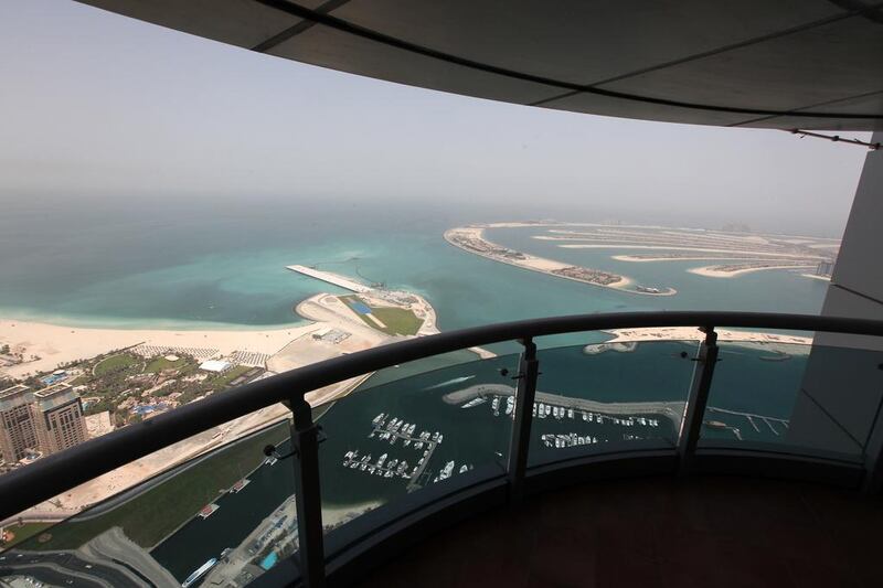 View from the balcony of the penthouse on the 91st floor of the Princess Tower in Dubai Marina - one of the tallest buildings in the world, according to a report by Emporis, an international provider of building data. Pawan Singh / The National