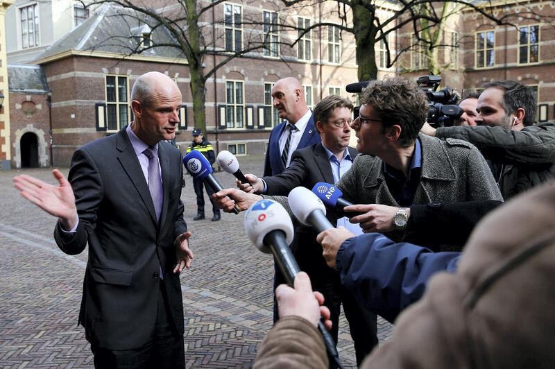 The new Minister of Foreign Affairs, Stef Blok speaks to the press upon arrival in The Hague, the Netherlands March 5, 2018. REUTERS/Michael Kooren