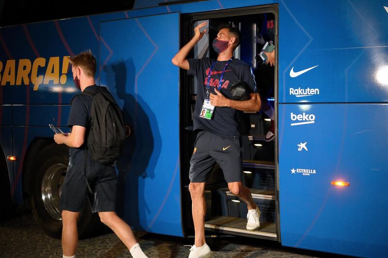 Barcelona's Spanish midfielder Sergio Busquets arrives at the team's hotel. AFP