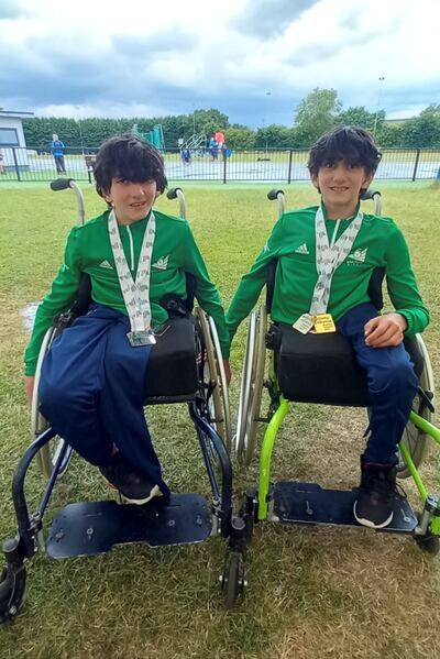 Twins Hassan and Hussein Benhaffaf from Cork, Ireland, pose with their medals at the Disabled Sports England Junior Championship in the UK. Photo: Angie Benhaffaf
