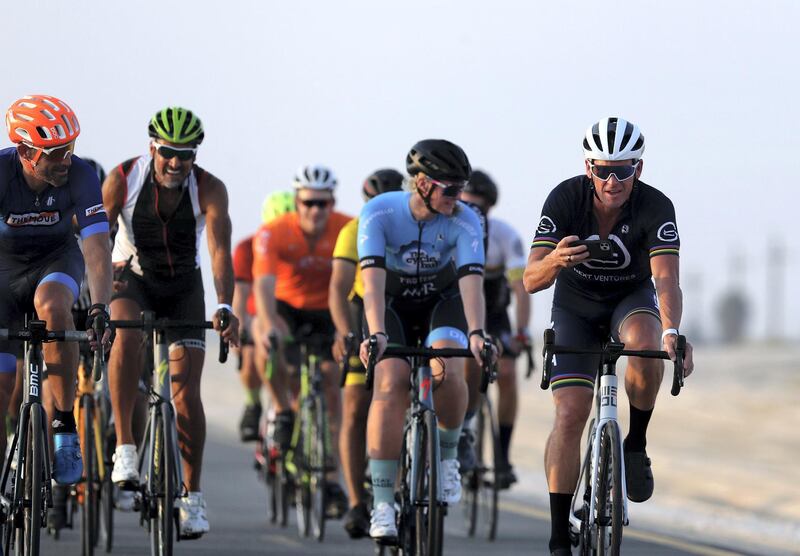 Dubai, United Arab Emirates - Reporter: Patrick Ryan. News. Cycling. Lance Armstrong. Ride with Lance cycling event at Al Qudra Cycling track. Tuesday, October 6th, 2020. Dubai. Chris Whiteoak / The National