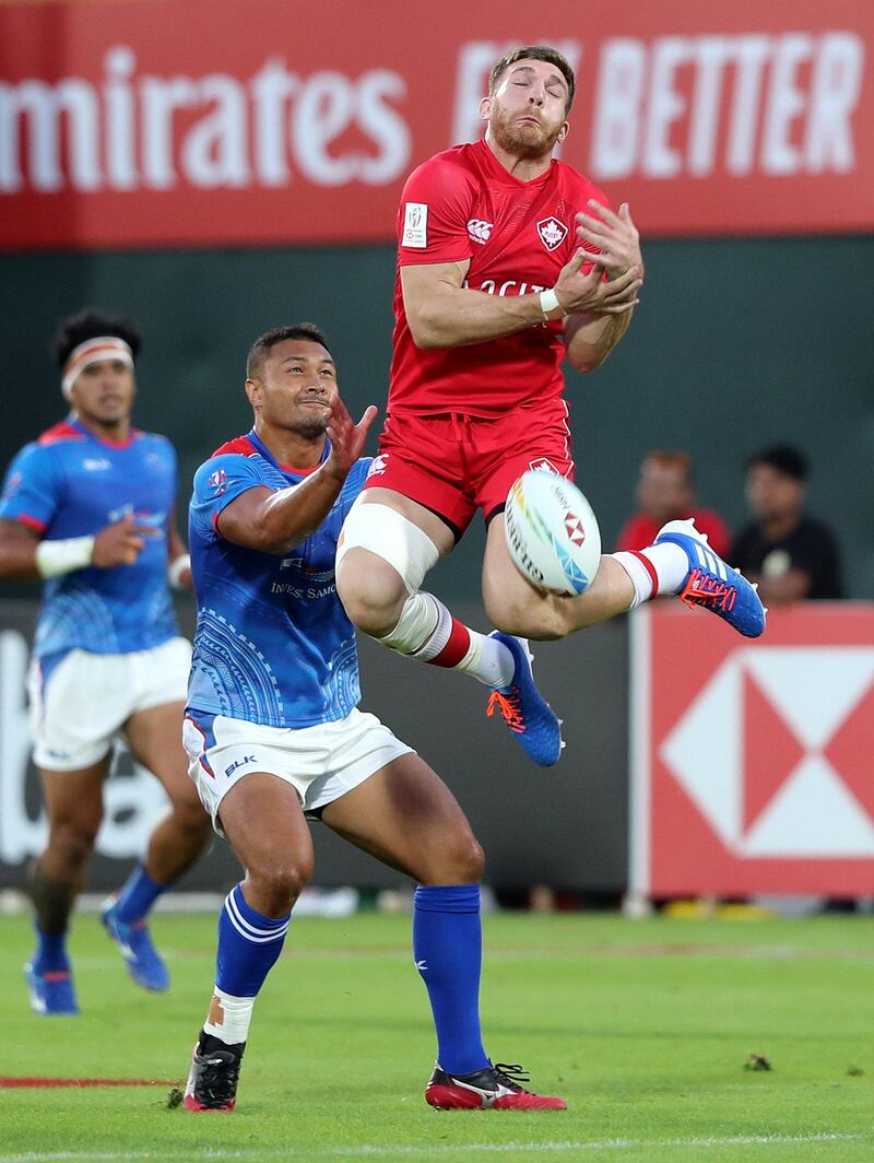 Dubai, United Arab Emirates - December 05, 2019: Isaac Kaay of Canada drops the ball during the game between Samoa and Canada in the mens section of the HSBC rugby sevens series 2020. Thursday, December 5th, 2019. The Sevens, Dubai. Chris Whiteoak / The National