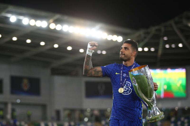 Emerson Palmieri of Chelsea poses for a photo with the Uefa Super Cup.