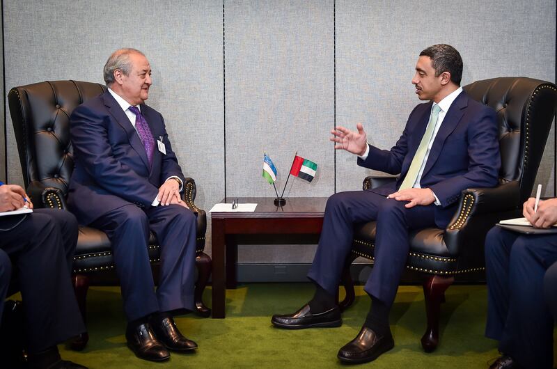 Sheikh Abdullah bin Zayed Al Nahyan, Minister of Foreign Affairs and International Cooperation, with Abdulaziz Kamilov, Uzbekistan Foreign Minister. WAM