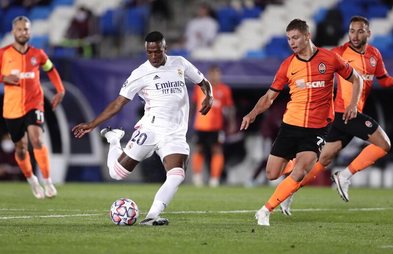 Real Madrid's Vinicius Junior scores his side's second goal. AP