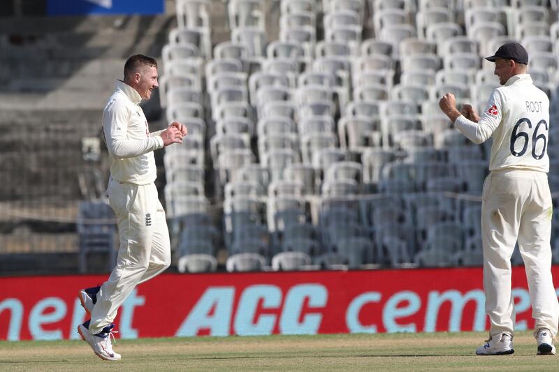 Dom Bess of England  celebrates the wicket of Cheteshwar Pujara of India during day three of the first test match between India and England held at the Chidambaram Stadium stadium in Chennai, Tamil Nadu, India on the 7th February 2021

Photo by Pankaj Nangia/ Sportzpics for BCCI