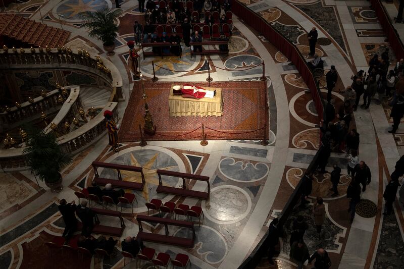 The body of Pope Emeritus Benedict XVI lies in state in St Peter's Basilica at the Vatican. Getty Images
