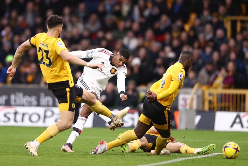 Marcus Rashford scores the only goal of the game for Manchester United against Wolves in the Premier League game at Molineux on December 31, 2022. Getty