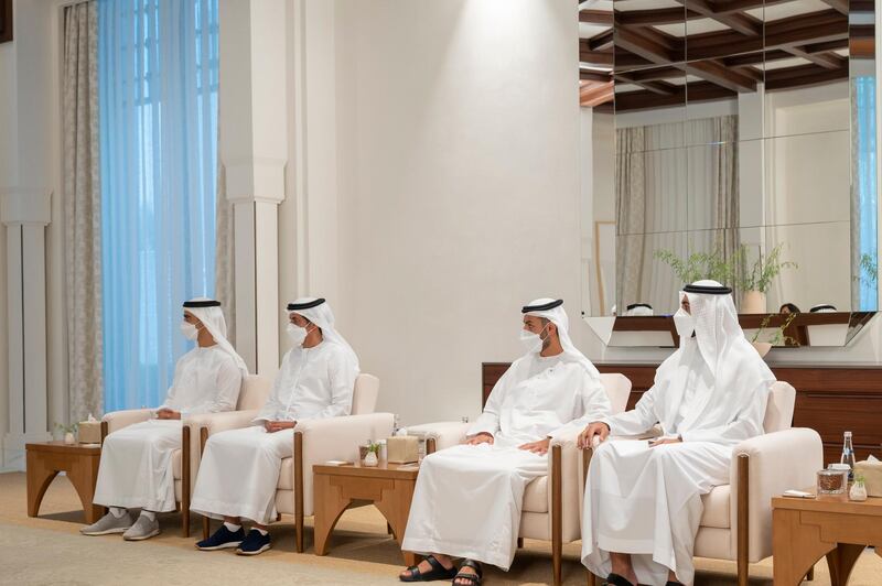 ABU DHABI, UNITED ARAB EMIRATES - June 05, 2021: (L-R) HH Sheikh Hamdan bin Mohamed bin Zayed Al Nahyan, HE Ali Mohamed Hammad Al Shamsi, Deputy Secretary-General of the UAE Supreme National Security Council, HH Sheikh Mohamed bin Hamad bin Tahnoon Al Nahyan and HH Sheikh Shakboot bin Nahyan bin Mubarak Al Nahyan, Minister of State, attend a meeting with HE Dr Mohamed Younis Al Manfi, President of the Presidential Council of Libya (not shown), at Al Shati Palace.

( Mohamed Al Hammadi / Ministry of Presidential Affairs )
---