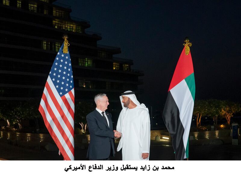 ABU DHABI, UNITED ARAB EMIRATES - September 07, 2018: HH Sheikh Mohamed bin Zayed Al Nahyan, Crown Prince of Abu Dhabi and Deputy Supreme Commander of the UAE Armed Forces (R) receives James Mattis, Secretary of Defense of the United States of America (L).

( Mohamed Al Hammadi / Crown Prince Court - Abu Dhabi )
---