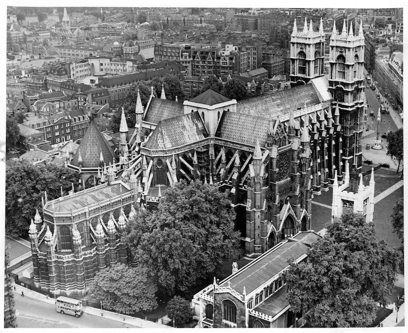 A view of Westminster Abbey taken from Big Ben in 1950