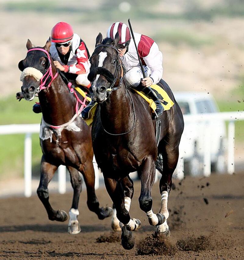 Jockey Richard Mullen guided Frobisher, right, to the win in Race 4, sponsored by Al Tal Engineering, at the Jebeli Ali Racecourse in Dubai as the UAE horse racing season got under way. Satish Kumar / The National