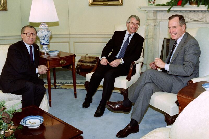 US President George Bush, British Prime Minister John Major and Mr Delors at the White House in Washington, on December 18, 1992. AFP