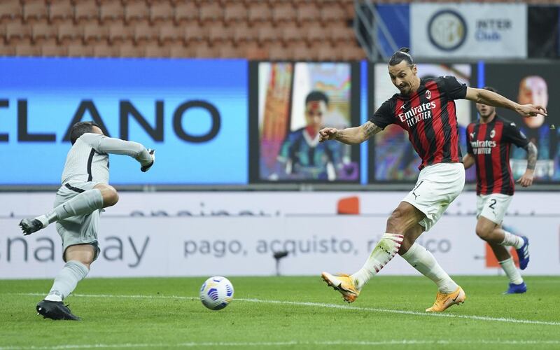 AC Milan’s Zlatan Ibrahimovic scores his side’s first goal. AP