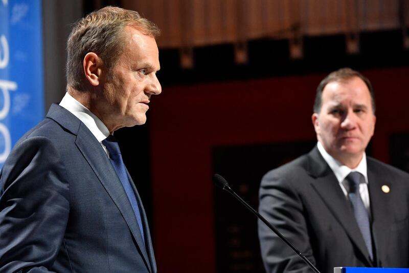 President of the European Council Donald Tusk, left and Sweden's Prime Minister Stefan Lofven take part in a news conference at the EU Social Summit for Fair Jobs and Growth in Goteborg, Sweden, Friday, Nov 17, 2017.EU leaders warned Britain Friday that it must do much more to convince them that Brexit talks should be broadened to future relations and trade from December. (Jonas Ekstromer /TT via AP)