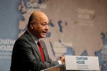 Iraqi President Barham Salih speaking in London this week. Frank Augstein / AP