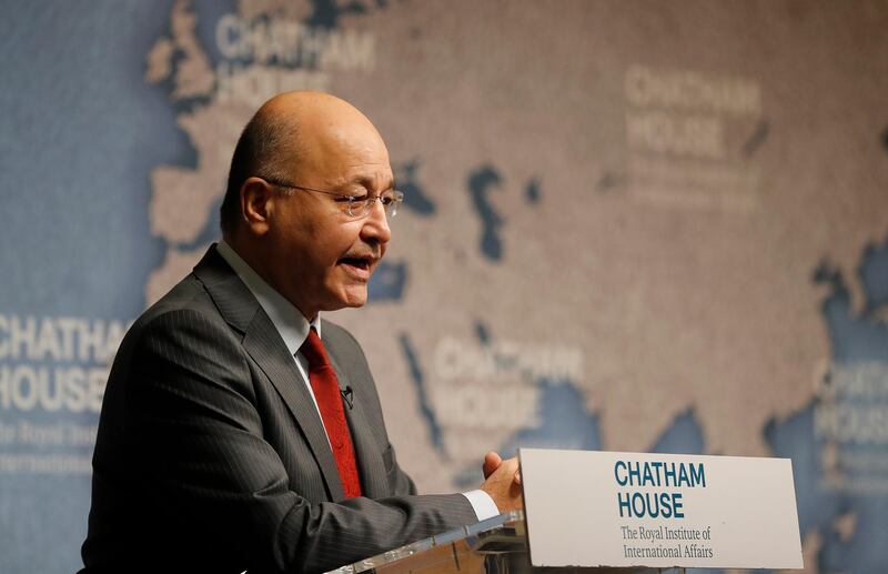 President of Iraq Barham Salih, speaks at The Royal Institute of International Affairs in London, Wednesday, June 26, 2019. President Salih outlines Iraq's role in the region amidst tensions in the Middle East.(AP Photo/Frank Augstein)