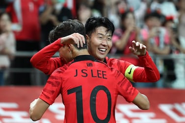 SEOUL, SOUTH KOREA - SEPTEMBER 27: Son Heung-Min of South Korea celebrates with team mates after scoring his team's first goal during the South Korea v Cameroon - International friendly match at Seoul World Cup Stadium on September 27, 2022 in Seoul, South Korea. (Photo by Chung Sung-Jun / Getty Images)