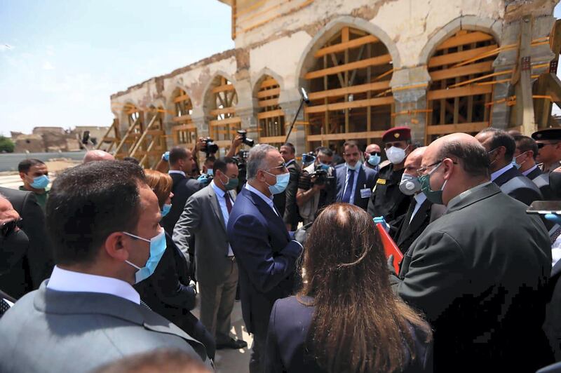 Prime Minister Mustafa Al Kadhimi tours Al Nuri Mosque, destroyed by ISIS and being rebuilt with assistance from the UAE. Iraqi PM Media Office HO