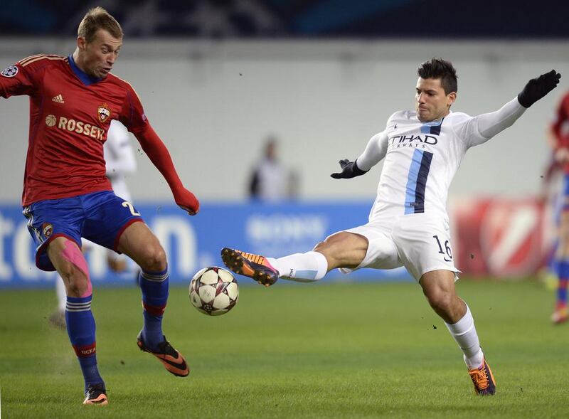 Manchester City’s Sergio Aguero, right, was on target twice in the 2-1 win in Moscow. Alexander Nemenov / AFP